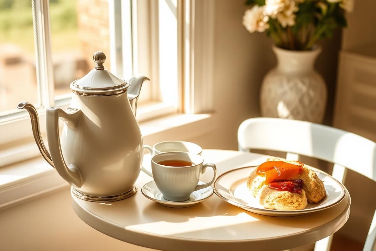 Teapot, two cups and a plate of scones on a small table by a window