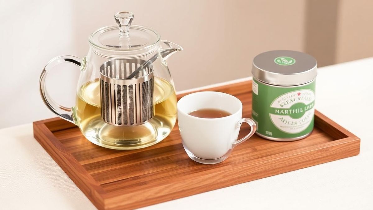 Glass teapot with infuser basket, two cups and a tin of loose tea on a tray