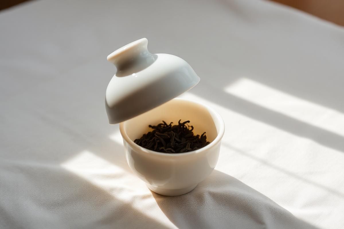 White porcelain gaiwan with lid tilted, tea leaves visible inside