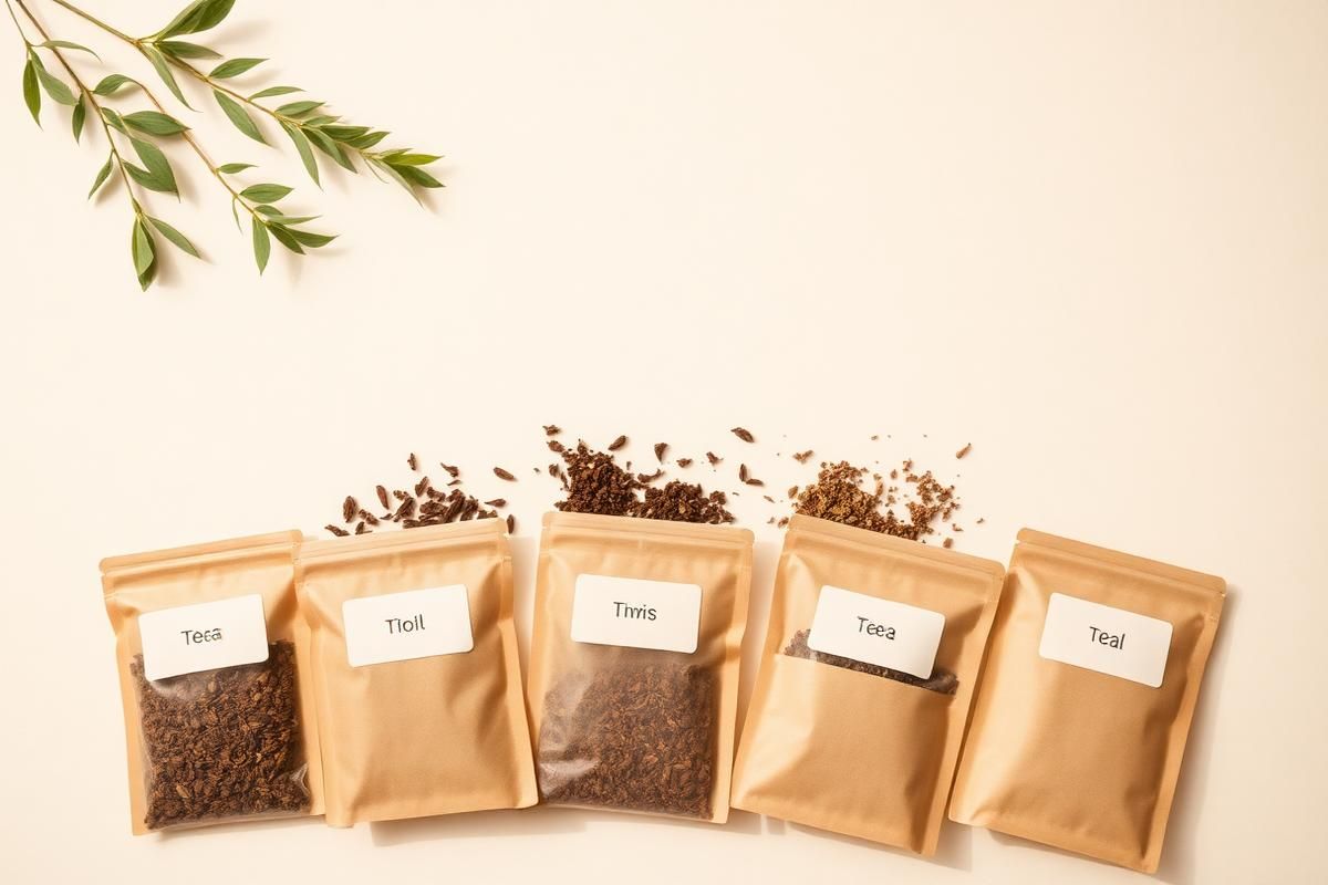 Small labeled pouches of different loose teas laid out in a row