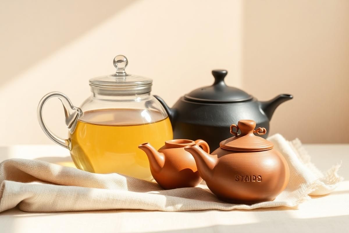 Glass, cast iron and clay teapots arranged together on a linen cloth