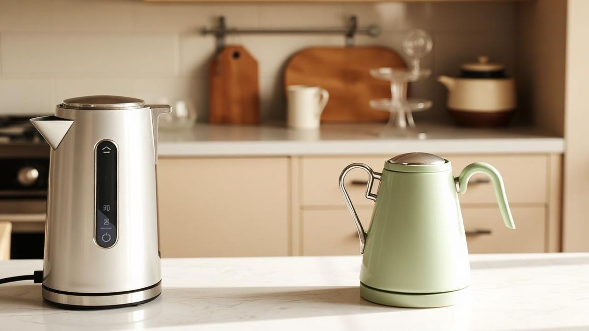Standard electric kettle beside a gooseneck variable temperature kettle