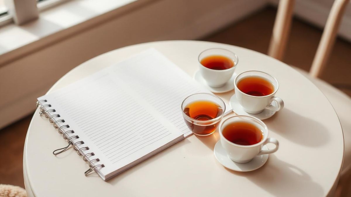 Tasting notebook and small cups of tea arranged for comparison