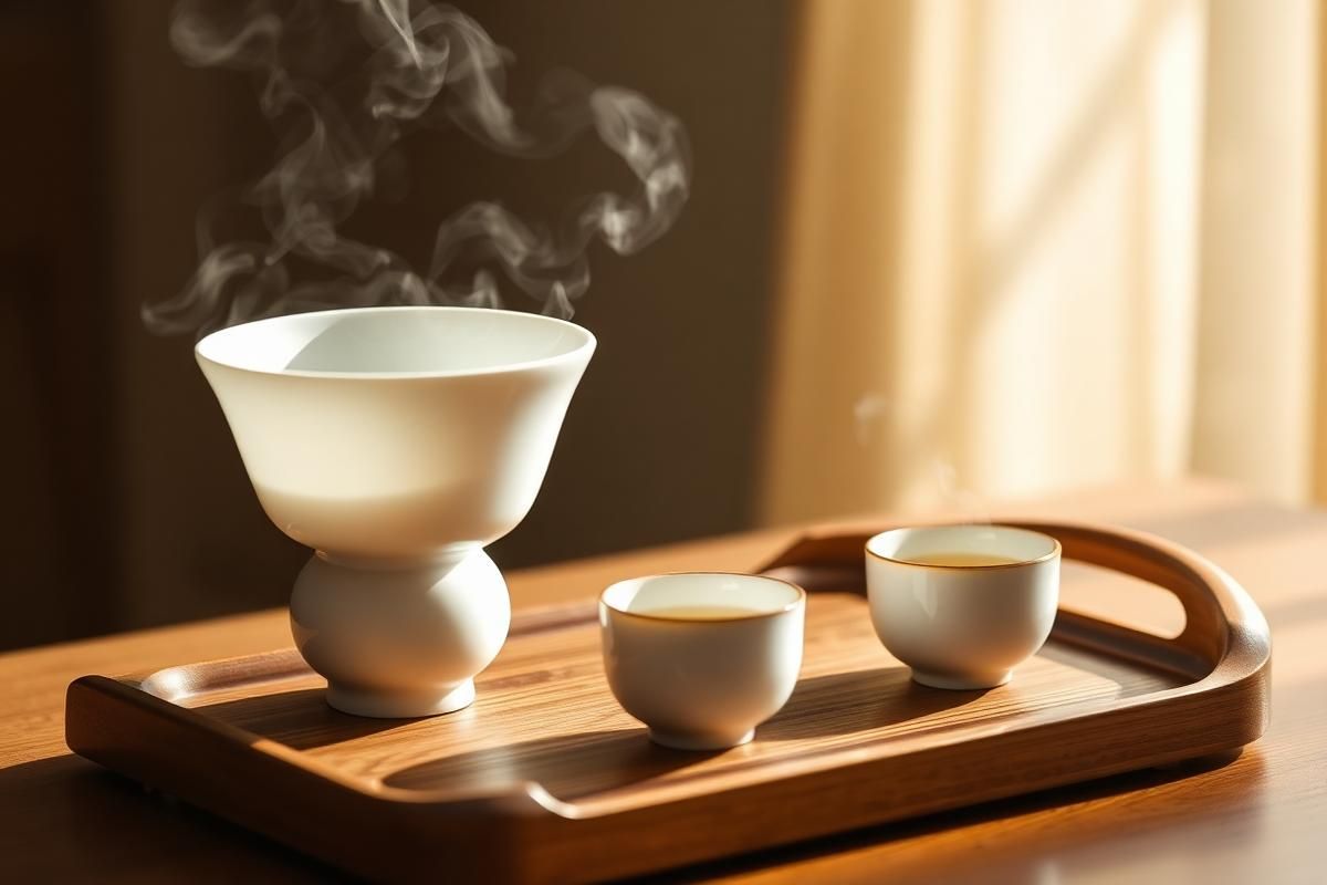 Porcelain gaiwan and small cups on a wooden tea tray mid-pour