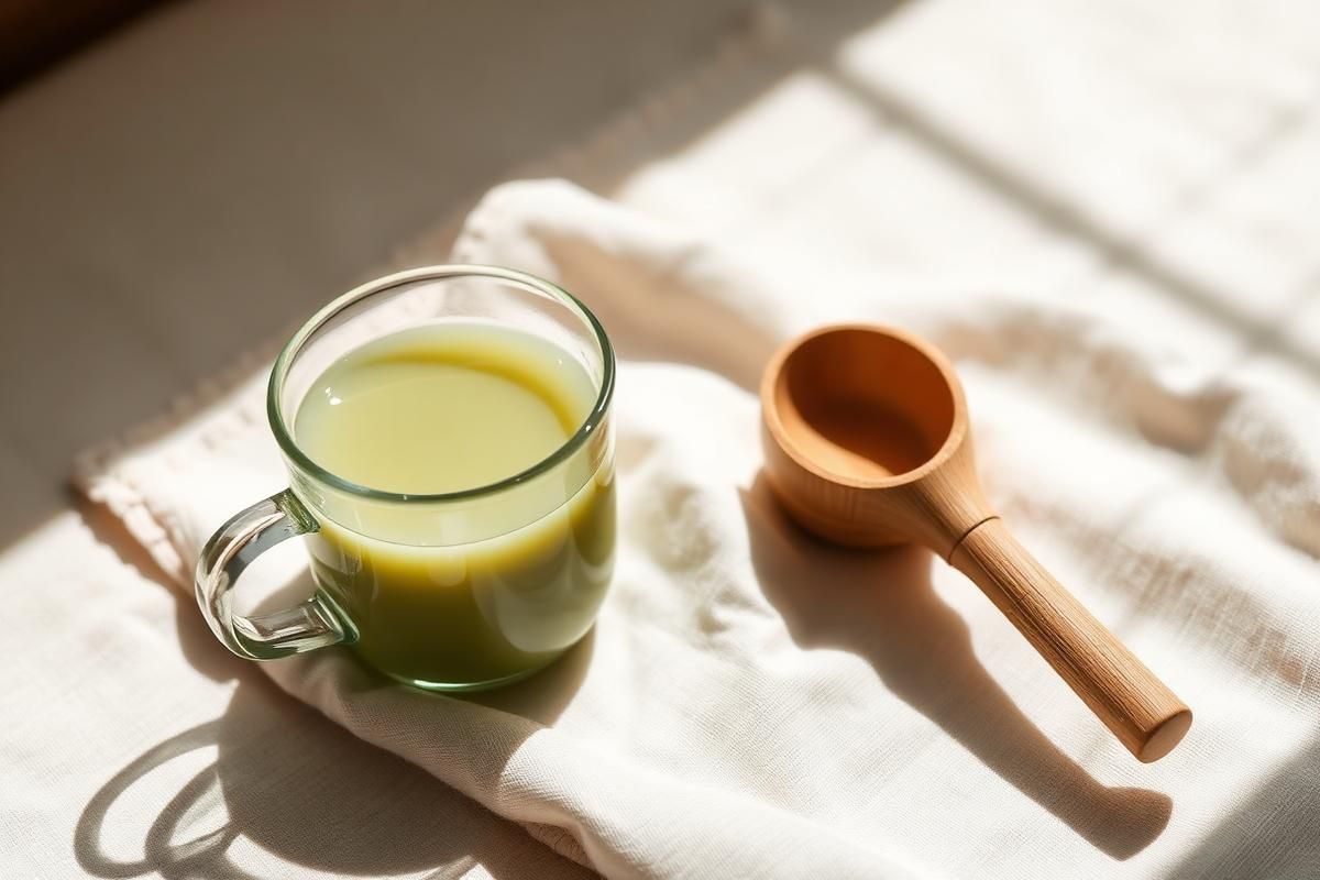 Pale green sencha brewing in a small glass pot beside a bamboo scoop