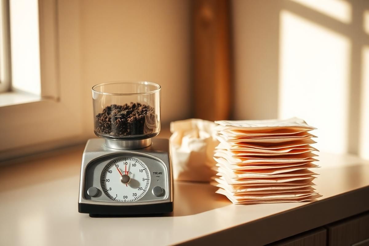 Kitchen scale weighing loose tea leaves beside a stack of tea bags