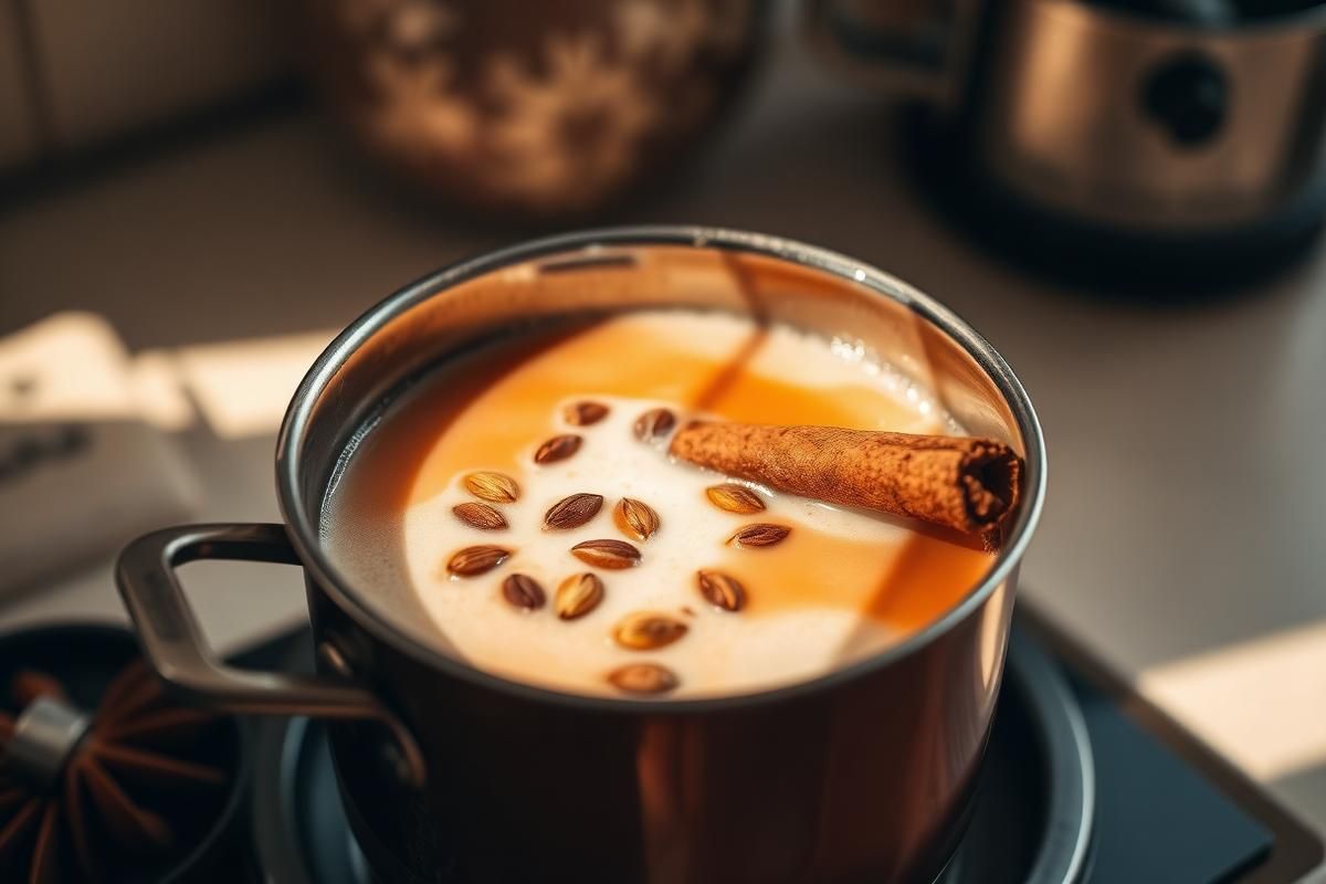 Saucepan of masala chai simmering with cardamom pods and cinnamon