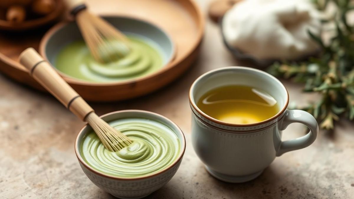 Bowl of whisked matcha next to a cup of steeped sencha