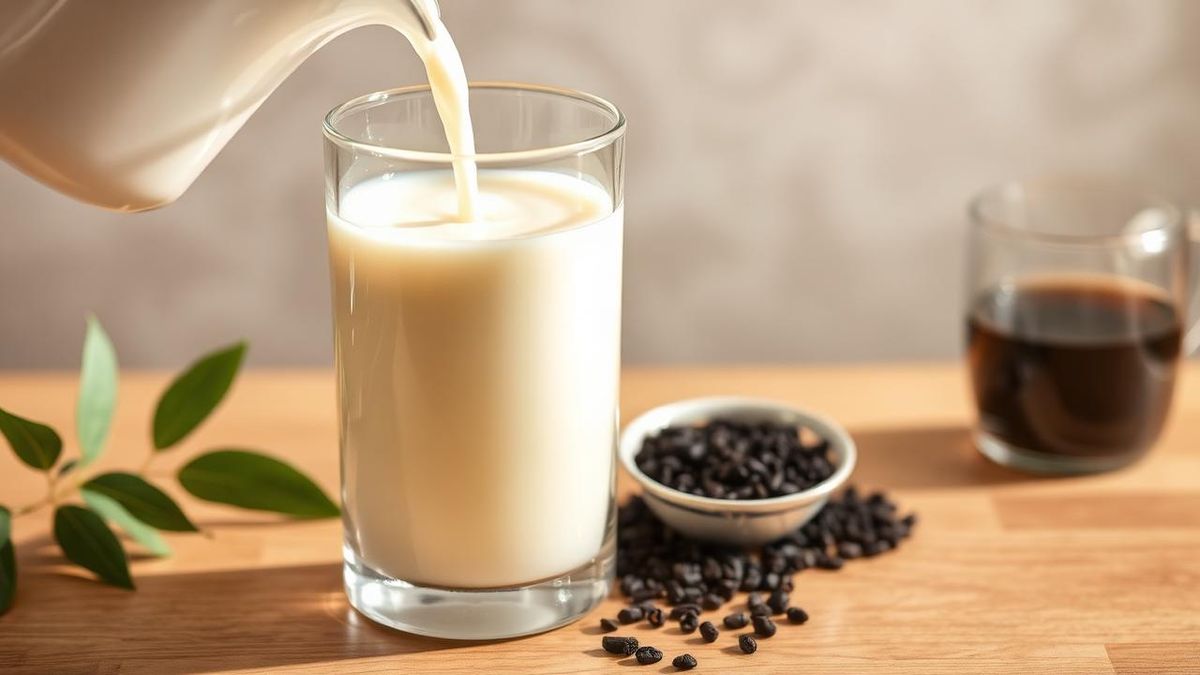 Glass of milk tea being poured, with a strainer and loose black tea nearby