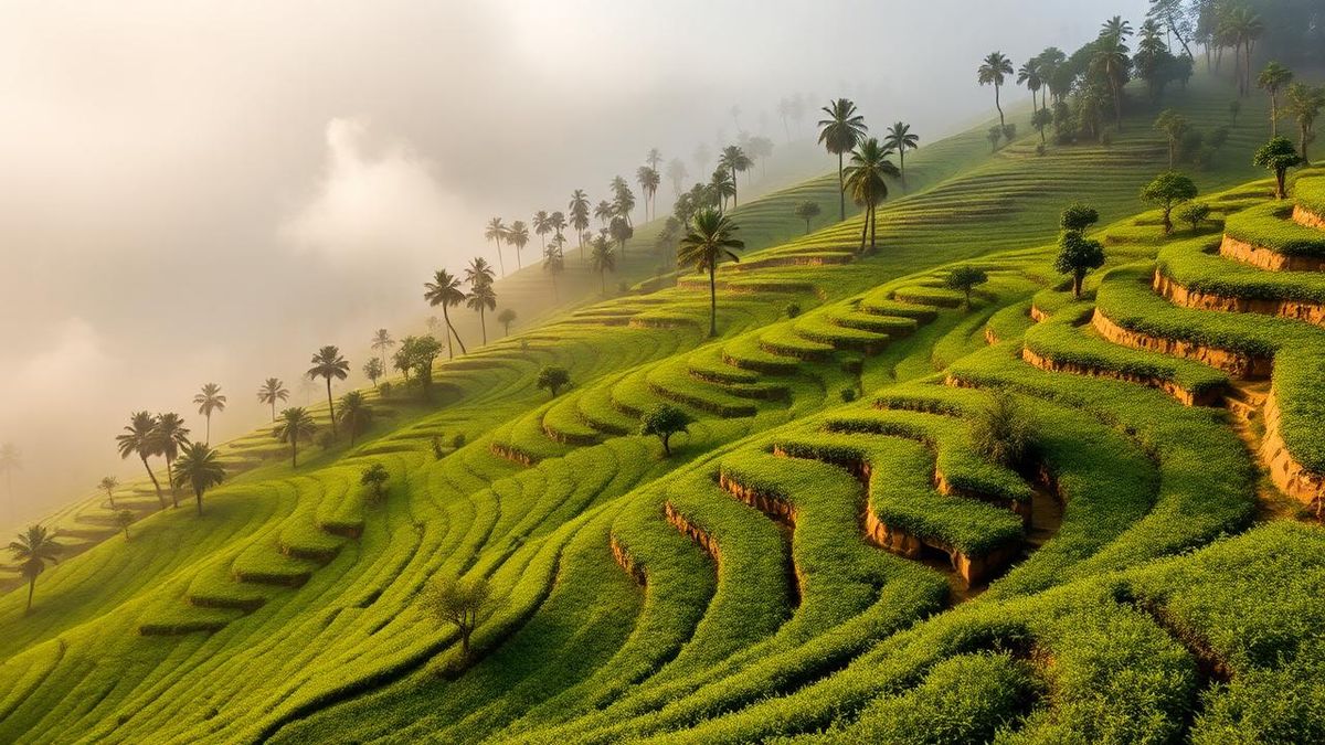Terraced tea garden on a misty hillside at sunrise
