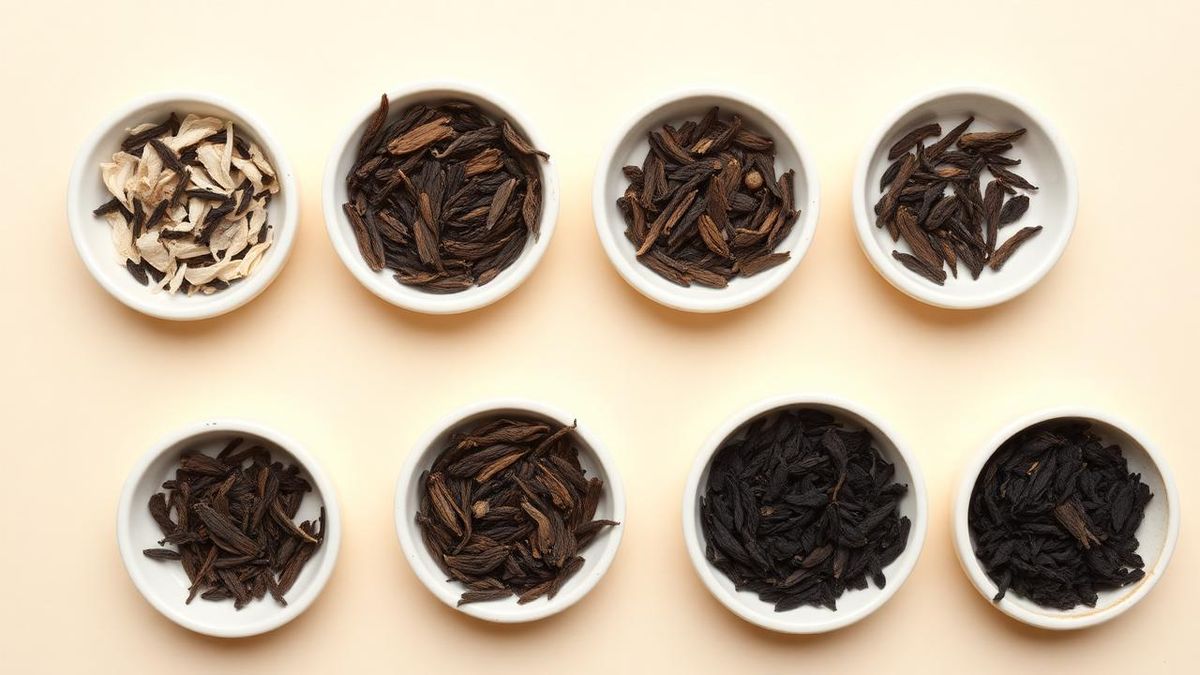Six small dishes showing dry leaf of each tea type from pale to dark