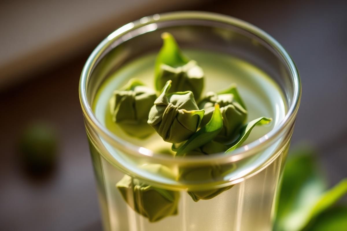 Tightly rolled green oolong pellets opening into whole leaves in water