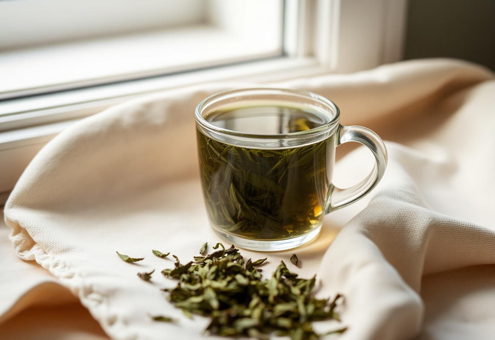 Glass cup of freshly brewed green loose-leaf tea on cream linen in morning light